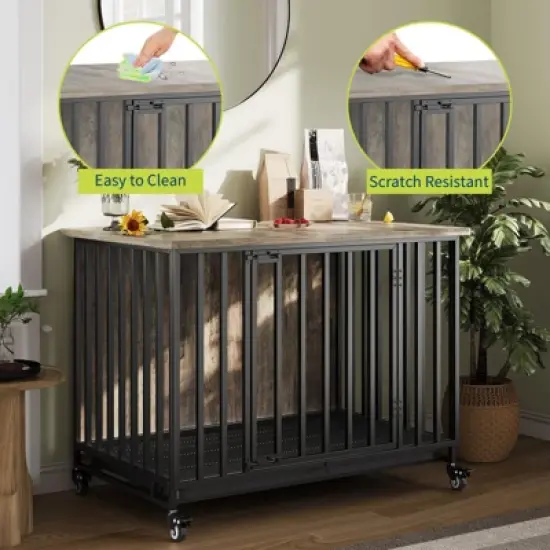 Heavy Duty Dog Crate Furniture with Wheels, 39'' Dog Kennel Furniture with Removable Tray, Wooden Pet Cage Indoor, Decorative Side End Table image {5}