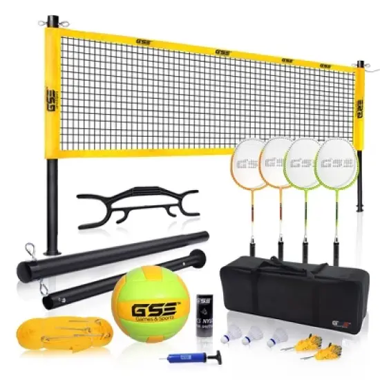 GSE Badminton/Volleyball Combo Set with Net, Volleyball with Pump, 4 Badminton Rackets, 3 Shuttlecocks & Carrying Bag (Portable/Professional) image {9}