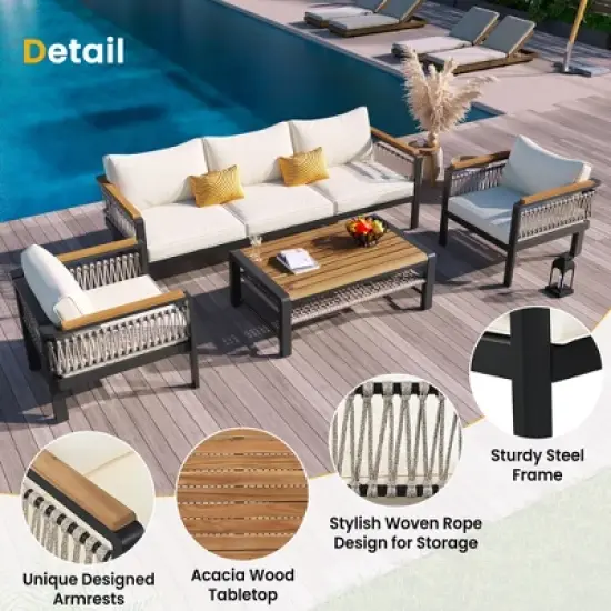 4-Piece Outdoor Sectional Sofa Set, 5-Person Patio Conversation Set with Cushions & Coffee Table - ModernLuxe image {2}