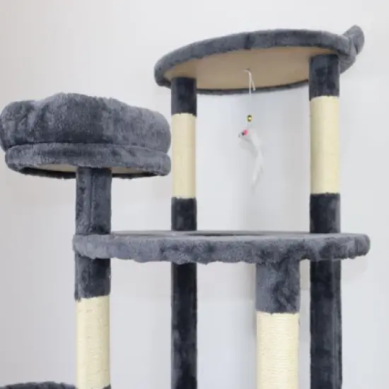 SEVOBAL Pet Tower Multi-Level with Spacious Condos, Scratching Posts, Sturdy for Multiple Cats with Perches, Toys, Dark Grey, 26.38"*26.38"*10.63" image {3}