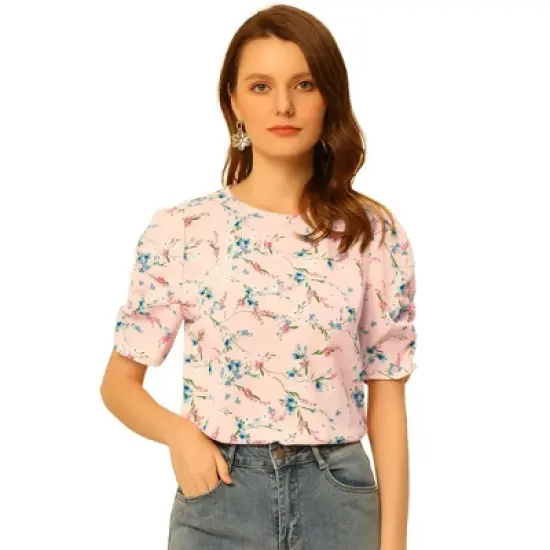 Allegra K Women's Floral Crew Neck Summer Casual Shirred Short Sleeve Blouse image {23}