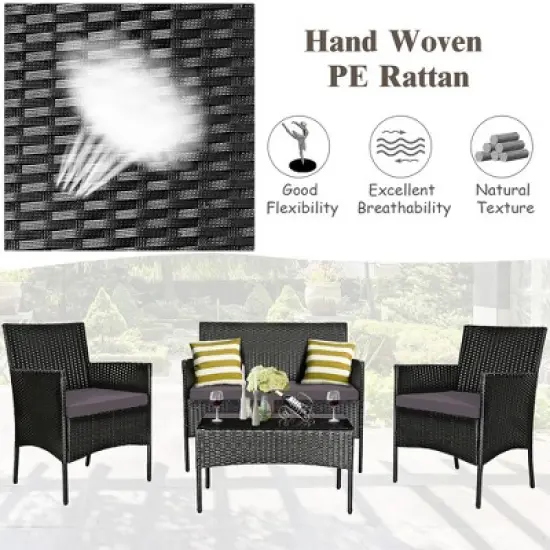 Tangkula 8PCS Outdoor Furniture Set Patio Rattan Conversation Set w/ Gray & Off White Cushion image {4}