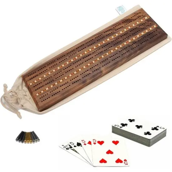 WE Games Deluxe Cribbage Set - Solid Wood with Inlay Sprint 3 Track Board with Easy Grip Pegs, Deck of Cards & Canvas Storage Bag image {9}