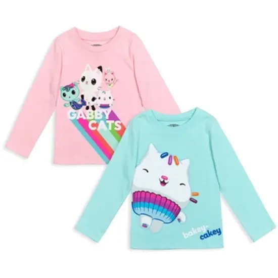 Dreamworks Gabby's Dollhouse MerCat Cakey Cat Kitty Fairy Pandy Paws Girls 2 Pack Graphic Long Sleeve T-Shirts Pink/Blue image {9}