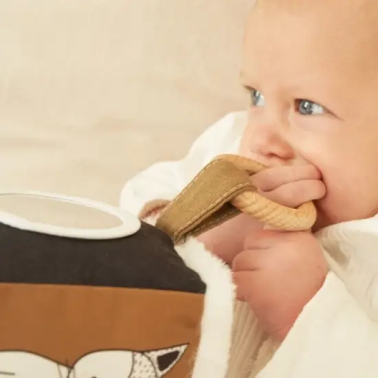 Soft Toy Block with Wooden Ring for Babies 0-6 Months &ndash; High Contrast Sensory Cube & Teether with Tummy Time Mirror for Newborn Development image {5}