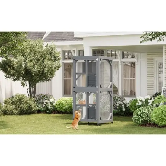 68" Large Wooden Cat Cage with Roof, Multi-Level Cat House with 4 Platforms, Hammock & Scratching Post image {8}