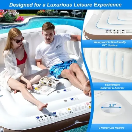 Costway Floating Island Inflatable Swimming Pool Float Lounge Raft with Canopy SPF50+ Retractable Detachable Sunshade with Two Cup Holders White image {5}