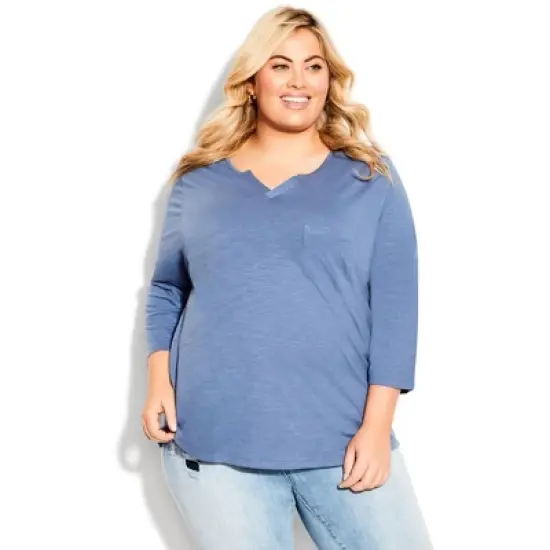 Women's Plus Size Notch Neck 3/4 Sleeve Plain Tee - slate | AVENUE image {3}
