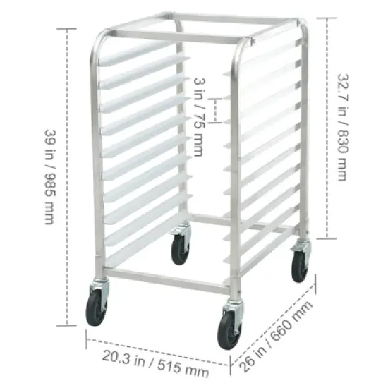 VEVOR Bun Pan Rack, 10-Tier Commercial Bakery Racks with Brake Wheels, Aluminum Racking Trolley Storage for Half & Full Sheet, 26"L x 20.3"W x 39"H image {7}