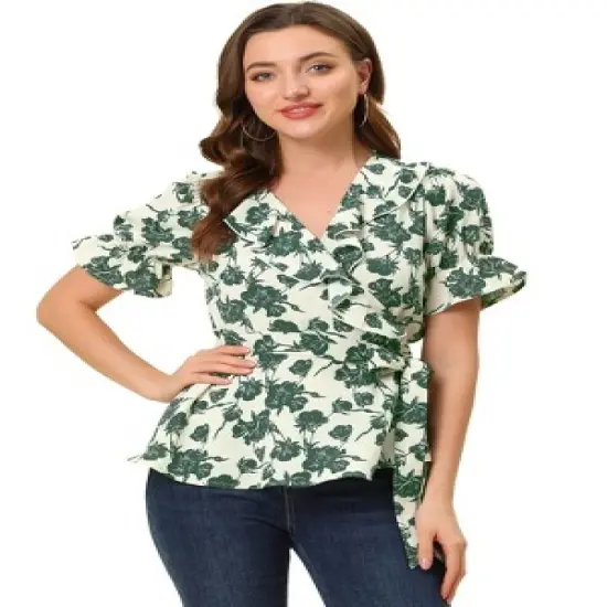 Allegra K Women's Floral V Neck Tie Waist Short Sleeve Belted Ruffle Wrap Top image {14}