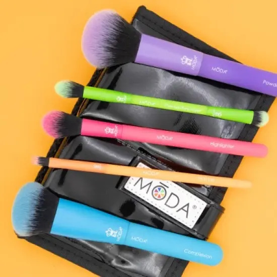 MODA Brush Totally Electric Complete Face  6pc Travel Sized Makeup Brush Flip Kit, Includes Powder, Complexion, and Highlighter Makeup Brushes image {2}