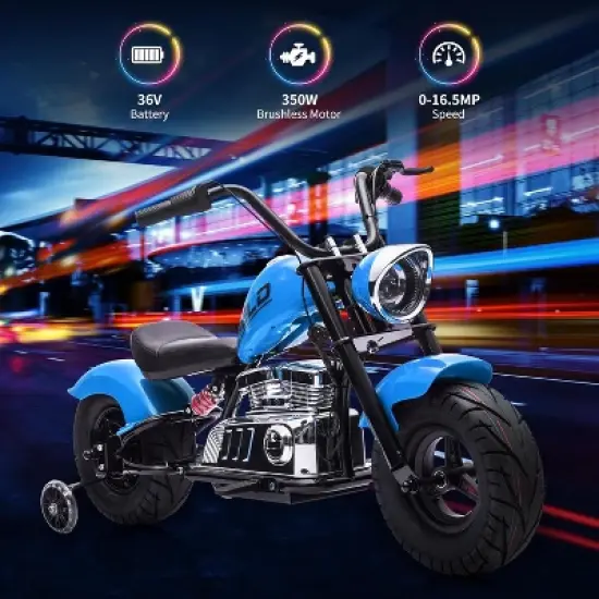 Kids Electric Off-Road Dirt Bike, 36V Motorcycle With Top Speed of 16.5 Mph, Led Lights, Music Player, for Teens, Blue image {1}