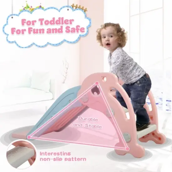 Sandinrayli 3 in 1 Toddler Slide, Baby Slide Climber Playset with Basketball Hoop and Ball, Indoor and Outdoor Playground for Kids Pink image {5}