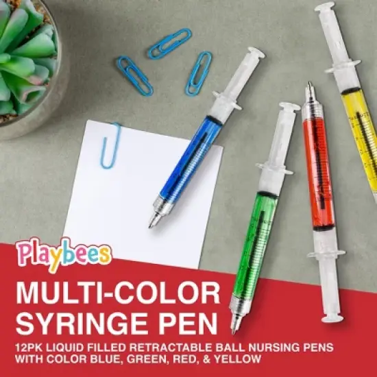 Playbees Syringe Retractable Ballpoint Pens - 12 Pack: Fun & Functional Writing Tools for All Ages image {2}