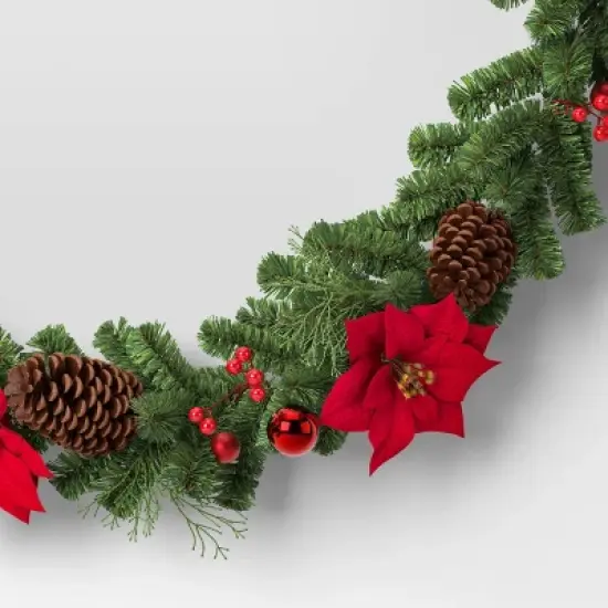 6' Cedar with Poinsettia Flowers and Pinecones Christmas Artificial Garland - Wondershop&trade;: Traditional Decor, Indoor/Sheltered Outdoor Use image {2}