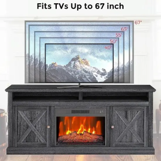Acekool 67" Farmhouse TV Stand with Electric Fireplace, Remote Control & Adjustable Flames, Storage Cabinets image {5}