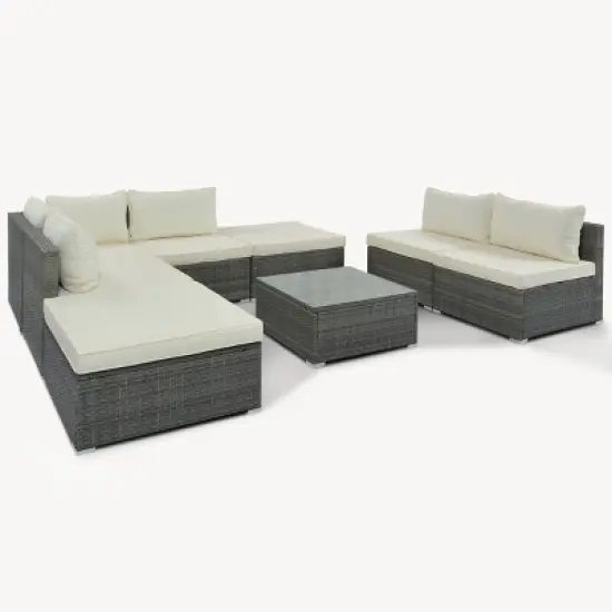 8 Pieces Outdoor Garden Furniture Sets,Wicker Patio Conversation Sets,Sectional Sofa with Tempered Glass Coffee Table and Cushions-Coolbibila image {5}