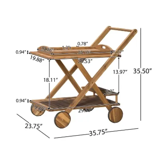 GDFStudio Kenilworth Outdoor Rustic Acacia Wood Bar Cart with Removable Tray and Wheels, Natural Brown image {2}