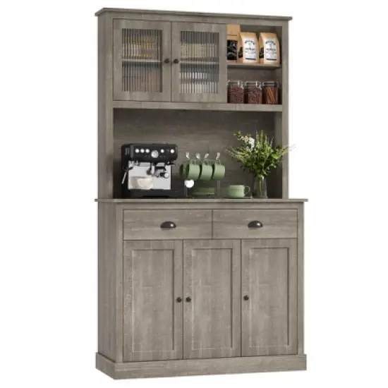 Kitchen Pantry Storage Cabinet,71" Tall Wood Pantry with Microwave Stand, Modern Kitchen Hutch Cabinet,Coffee Bar Hutch with Wine Rack for Dining Room image {6}