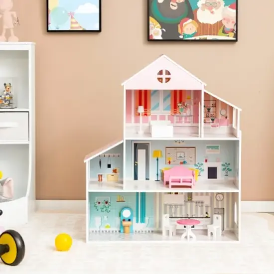 Costway Wooden Dollhouse For Kids 3-Tier Toddler Doll House W/Furniture Gift For Age 3+ image {1}