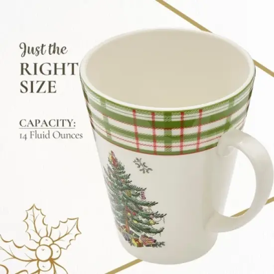 Spode Christmas Tree Mug, 14oz - Porcelain Holiday Mug with Tartan Border & Handle, Dishwasher & Microwave Safe - Ceramic Festive Cups image {6}