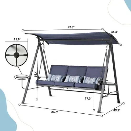 Okak 3-Seater Steel Porch Swing with Canopy,Outdoor Patio Swing Chair with Stand,Side Tables,Bench Swing for Patio,Garden,Backyard,Blue image {2}