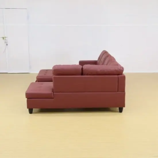 Elegant Red Semi-PU Leather Sectional Sofa - L-Shaped Design, Plush Cushions, Storage Ottoman, Modern Living Room Furniture image {4}