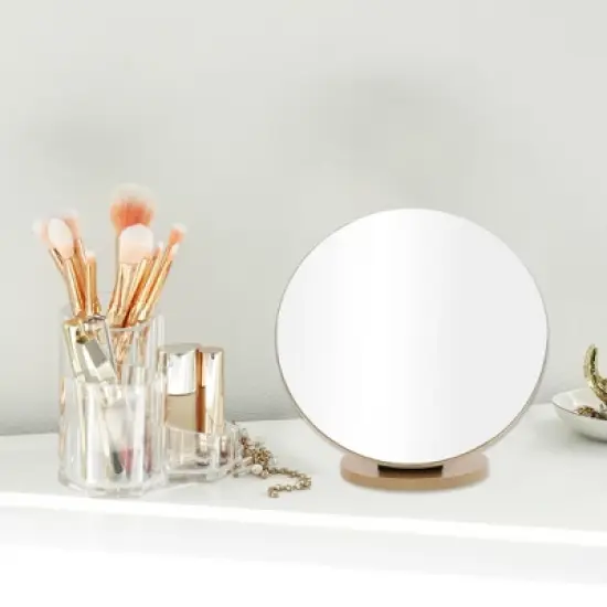 Unique Bargains Large Round Desktop Cosmetic Mirror Wood Color 1 Pc image {2}