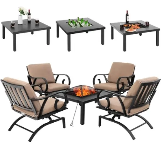 Tangkula 5PCS Cushioned Patio Dining Set Heavy-Duty Rocking Chairs with 4-in-1 Fire Pit Table image {7}