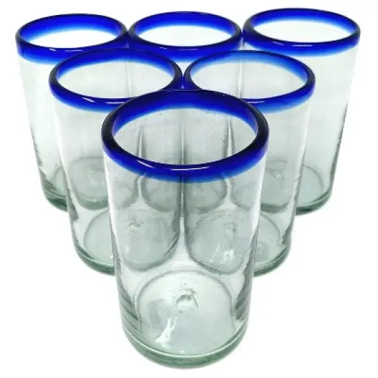 Dos Sue&ntilde;os Mexican Hand Blown  Drinking Glasses - Blue Rim - 14oz - Set of 6 image {8}