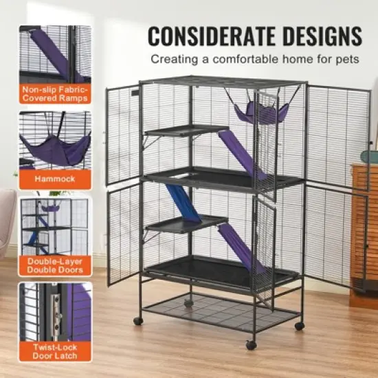 VEVOR 64.6" Rolling Metal Ferret Cage, Large 4-Tier Critter Nation Cage, Small Animal Cage with Ramps & Tray, Easy to Set up for Pet Rats, Hamster image {6}