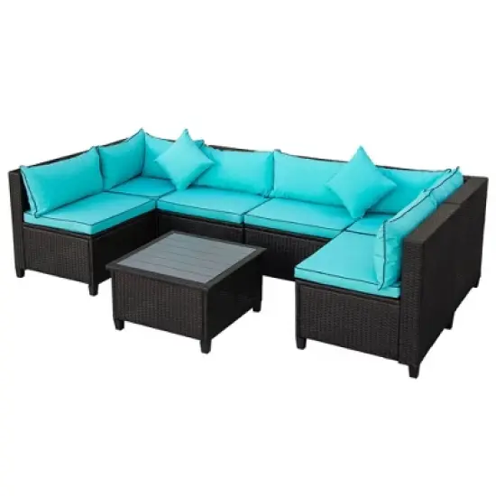 7pc Wicker Outdoor Sectional Seating Set with Cushions - Dark Brown/Blue - GODEER image {2}