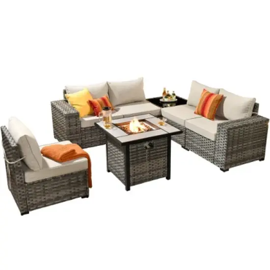 Marlton 7pc Wicker Outdoor Patio Furniture Set Conversation Sofa Set with a Fire Pit and Cushions image {1}