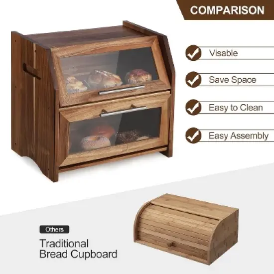 Countertop Bread Box Double Layer Wooden Corner Bread Storage Container image {3}