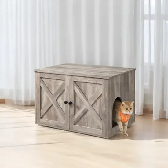 Heather Greige Cat Litter Box Enclosure. Doubles as indoor cat house & end table. Hidden design, sized 27.6 x 19.7 x 19.7 inches. image {8}