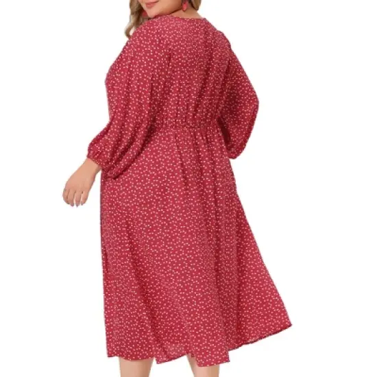 Agnes Orinda Women's Plus Size Casual Long Sleeve Sweetheart Print Midi Ruffle Dress image {3}