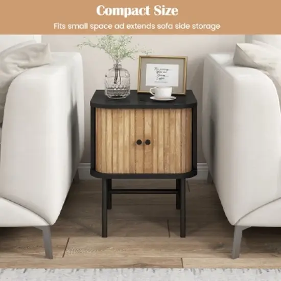Costway Sliding Door Nightstand Mid-century Modern Storage End Table with Cabinet Black/Distressed White image {7}