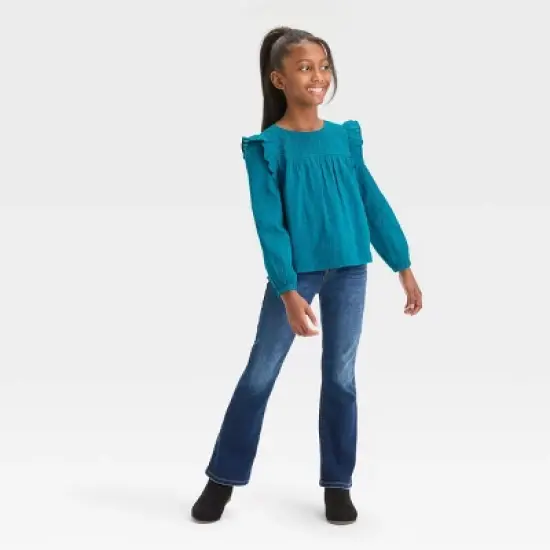 Girls' Long Sleeve Woven Ruffle Shirt - Cat & Jack&trade; Teal Blue image {2}