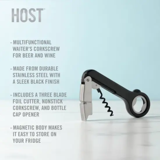 HOST Double Hinged Corkscrew, Black Bottle Opener and Foil Cutter, Wine Key, Bar Accessories image {1}