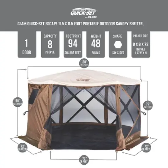 CLAM Quick-Set Pavilion Camper Foot Portable Pop-Up Camping Outdoor Gazebo Screen Tent 6 Sided Canopy Shelter with Stakes and Bag image {1}