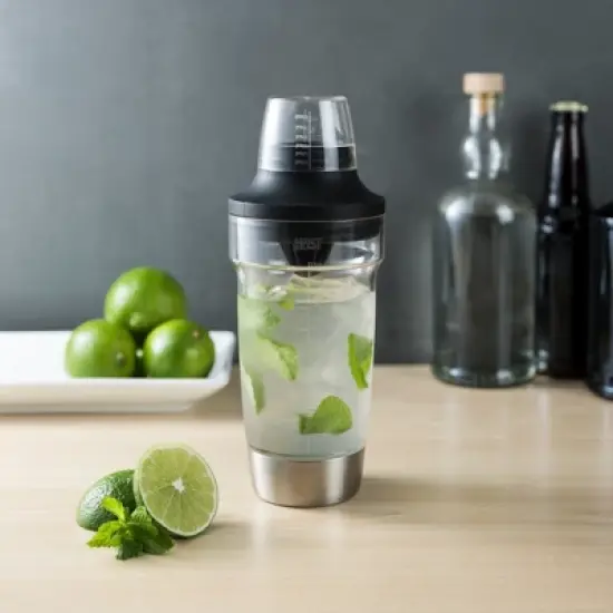 HOST All in One Cocktail Shaker Set|5 in 1 Tool - Jigger Cap|Strainer|Reamer|Stainless Steel Bottle Opener and Oz and mL Markers 18 oz Capacity, Clear image {4}