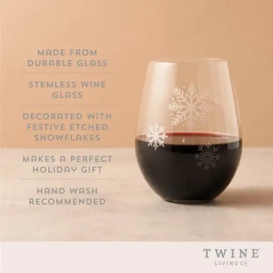 Twine Scattered Snowflakes Stemless Wine Glass, Holiday Wine and Christmas Party Accessory, Hostess Gift, Snow Pattern, Clear, Silver image {1}