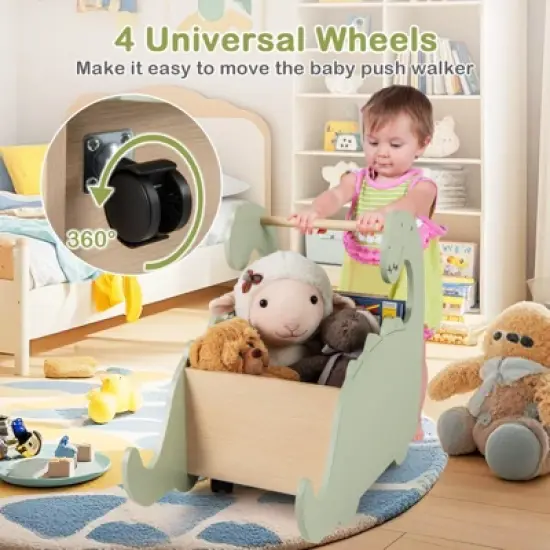 Costway 2 in 1 Baby Push Walker w/ Pine Wood Handle Large Storage Box 4 Universal Wheels image {7}