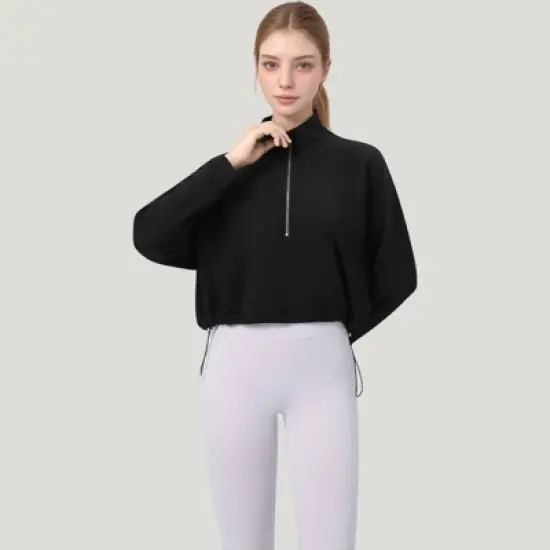 Anna-Kaci Active Women's Long Sleeve Half Zip Pullover Top with Mock Neck and Kangaroo Pocket image {2}
