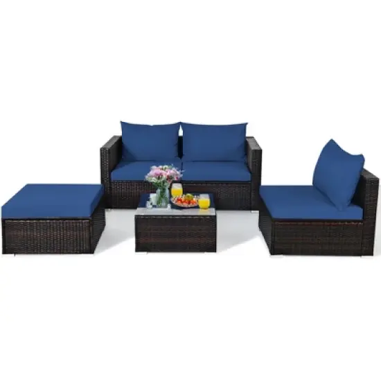 Tangkula 5PCS Cushioned Rattan Patio Conversation Set w/ Ottoman Navy Cushion image {10}