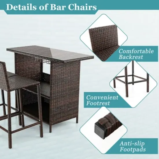 Costway Patio 3PCS Wicker Bar Set Height Table Two Stools with 3 Rows Stemware Racks Garden image {4}