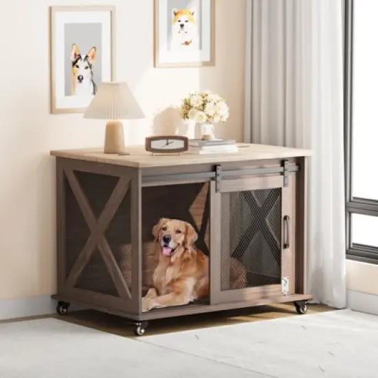 Garvee Indoor Dog Crate Furniture with Sliding Barn Door, Flip Top, Dog Crate End Table with Wheels, Removable Divider, Dog House image {7}