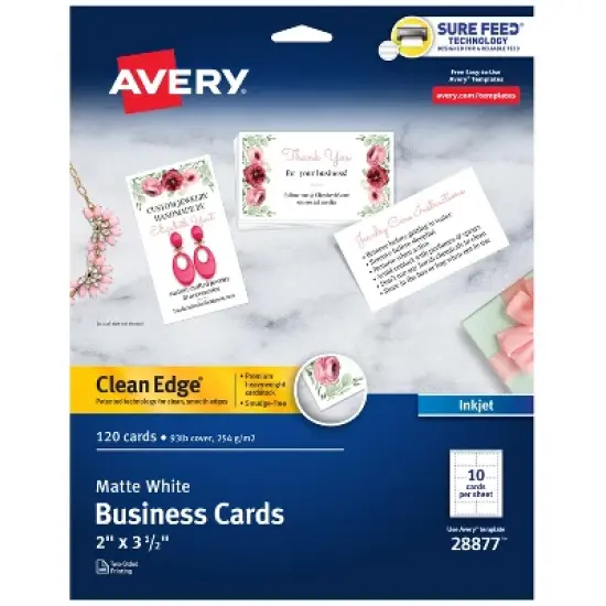 Avery Clean Edge Printable Business Cards with Sure Feed Technology, 2" x 3.5", White, 120 Blank Cards for Inkjet Printers (28877) image {9}
