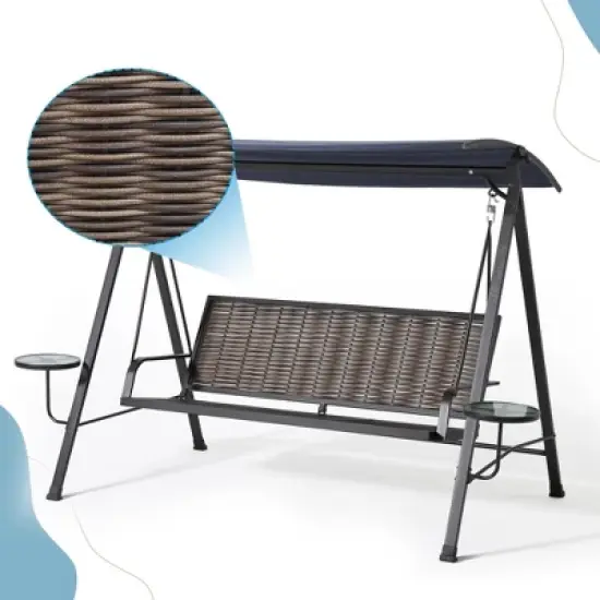 Okak 3-Seater Steel Porch Swing with Canopy,Outdoor Patio Swing Chair with Stand,Side Tables,Bench Swing for Patio,Garden,Backyard,Blue image {3}