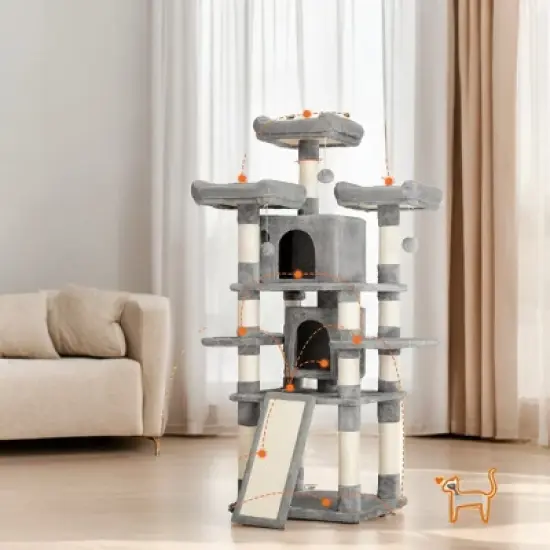 Feandrea 67"H Cat Tree Cat Tower for Indoor Cats, Plush Multi-Level Cat Condo with Scratching Posts, Light Gray image {2}